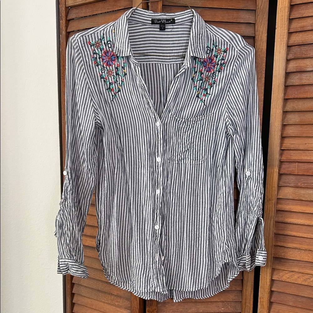 Velvet Heart Blue and White Striped Embroidered Shirt